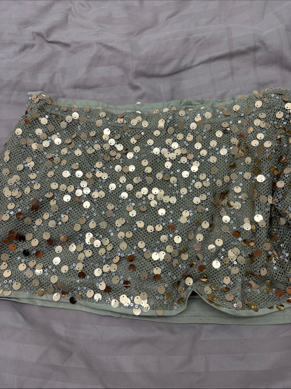 SHEIN Sage Green Sequin Mini Skirt with Gold Discs